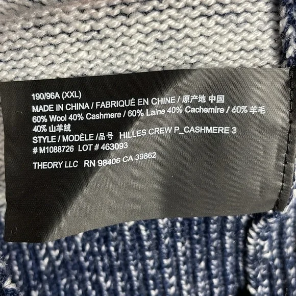 NWT Theory Hilles Crew Cashmere Wool Sweater Blue Baltic Stone XXL